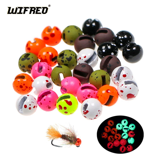 WIFREO 20pcs Metallic Slotted Tungsten Beads With Dot Eyes for Fly Fishing Tungsten Ice Jig Bead Head Fly Tying Material
